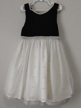 Couture Princess Elegant Black & White Pearl-Trim Girls Formal Dress